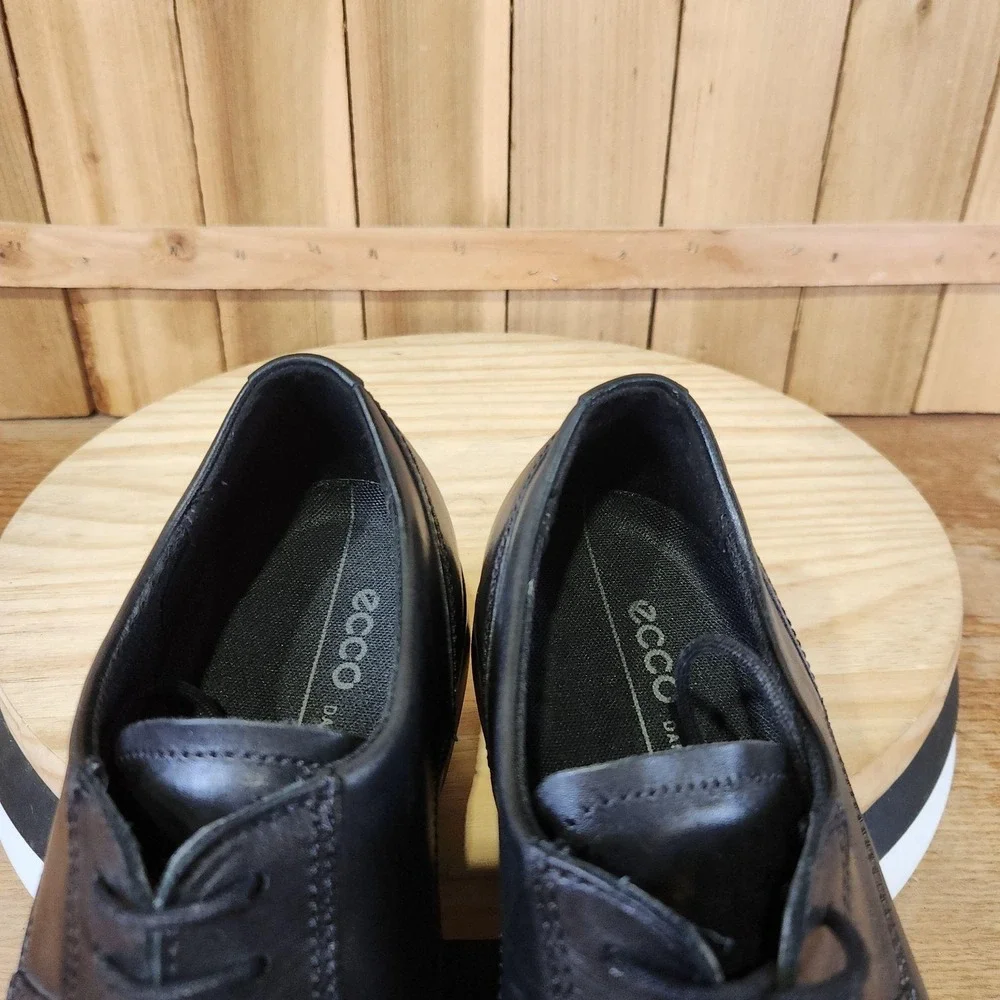 ECCO Queenstown Plain Toe Derby Shoes Mens 7.5 41 EU Black Leather Dress Comfort